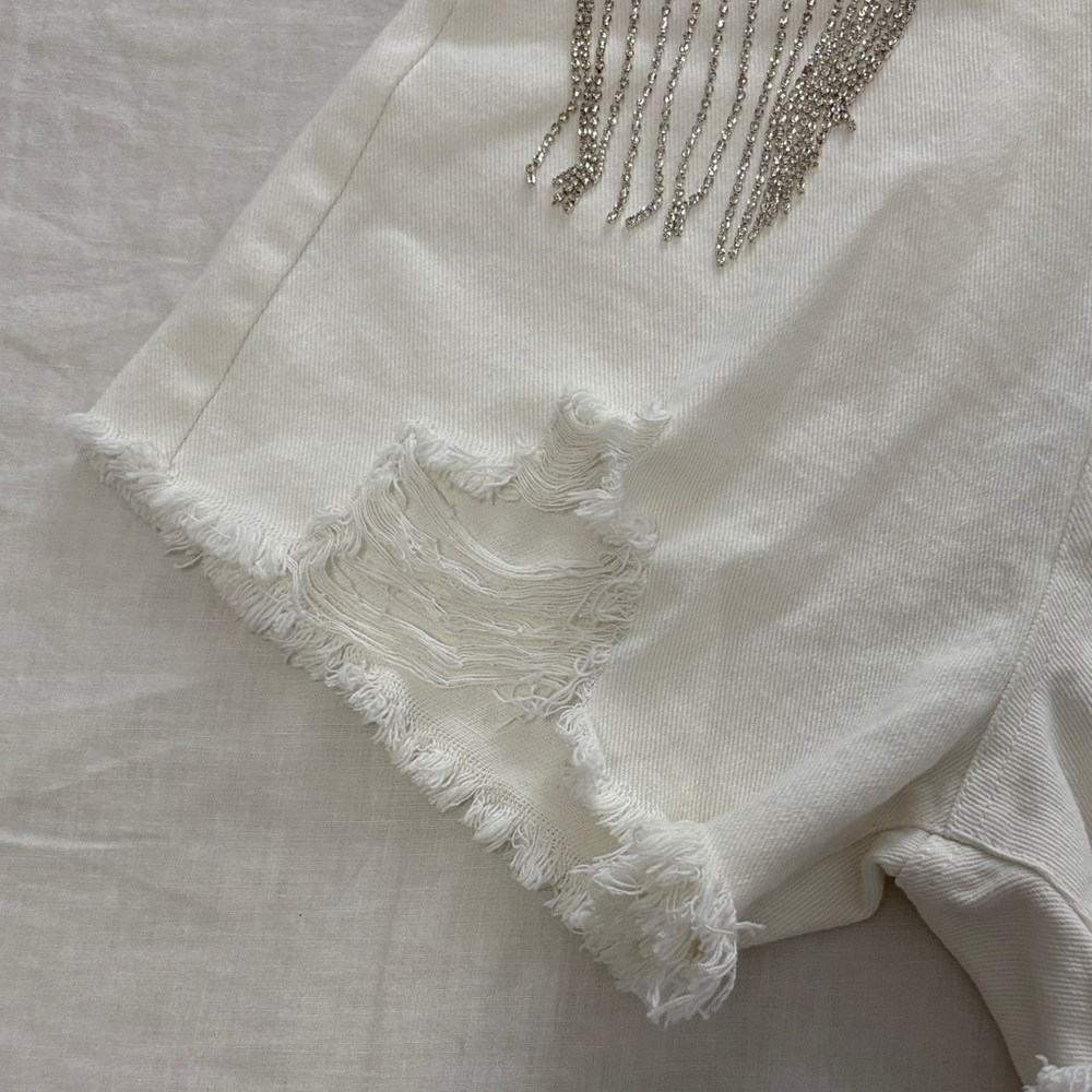 Blue B White Ripped Rhinestone Fringe Shorts - Picture 8 of 11